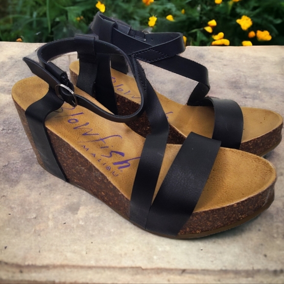 BLOWFISH Hazard Strappy Platform Sandals Black Cork Sz 6.5 Leather - Picture 2 of 11